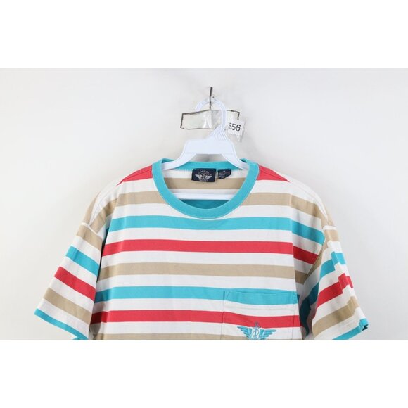 Vtg 90s Streetwear Womens Medium Striped Color Block Pocket T-Shirt Cotton USA - Picture 2 of 12